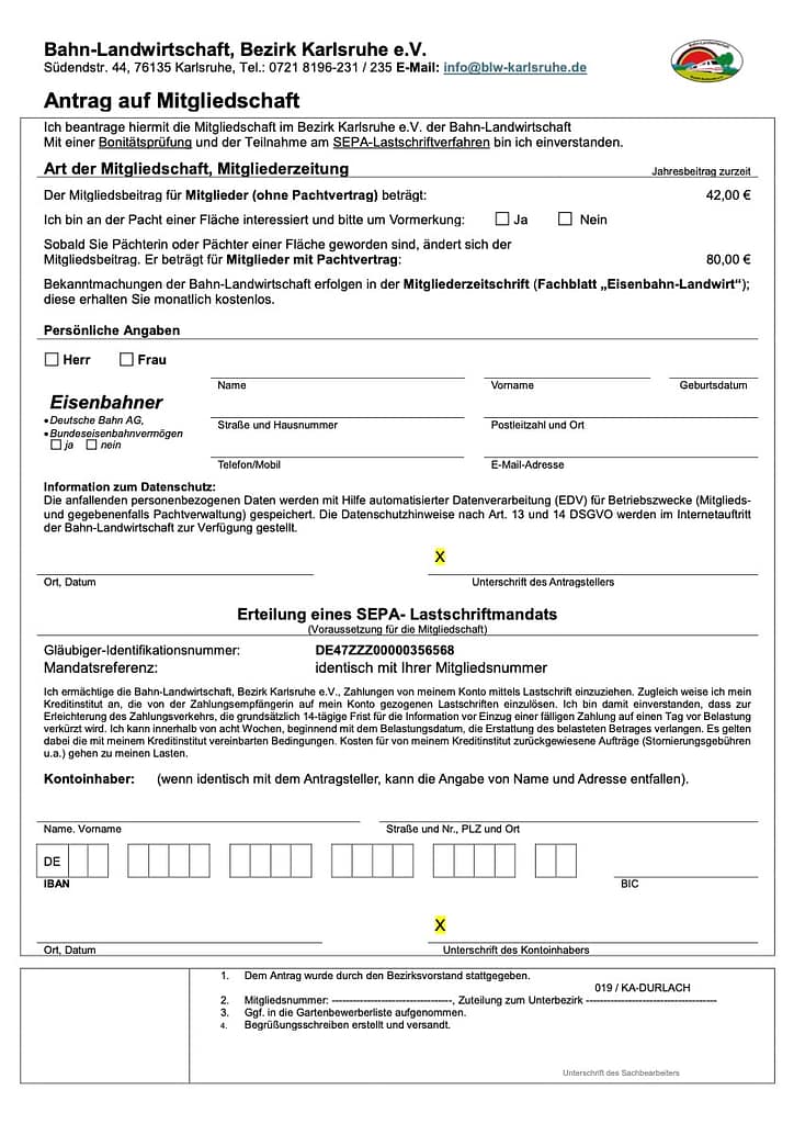 Ein deutsches Mitgliedsantragsformular für die „Bahn-Landwirtschaft, Bezirk Karlsruhe e.V.“. Es enthält Abschnitte für persönliche Informationen, Mitgliedschaftsart, SEPA-Lastschriftdetails sowie Kontrollkästchen für das Geschlecht des Mitglieds und für Autorisierungsvereinbarungen.