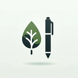 Symbol eines grünen Blattes mit stilisiertem Adernmuster neben einem schwarzen Stift auf hellem Hintergrund, als Symbol für Umweltschreiben oder umweltfreundliche Konzepte.