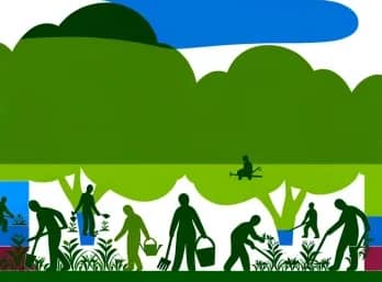 Illustration mit grünen Bäumen, unter denen Menschen verschiedene landwirtschaftliche Arbeiten verrichten, wie Pflanzen gießen und ernten. Der Himmel ist in Blau und Weiß gehalten.
