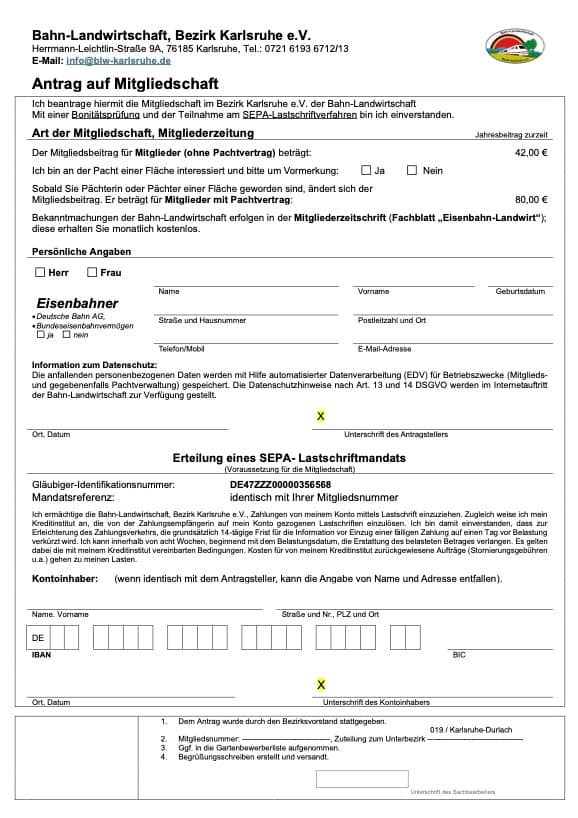 Ein deutscher Mitgliedsantrag für die Bahn-Landwirtschaft, Kreis Karlsruhe, mit Abschnitten für persönliche Angaben, Mitgliedsart, Beiträge, Bankverbindung für SEPA-Lastschrift und einem Unterschriftenfeld am Ende.