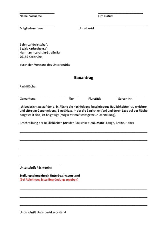 Ein deutsches Formular mit dem Titel Bauantrag zur Beantragung einer Baugenehmigung bei einem Kleingärtnerverein, mit Feldern für persönliche Angaben, Konstruktionsdetails, Abmessungen und Unterschriften. Einige Anweisungen und Felder sind rot hervorgehoben.