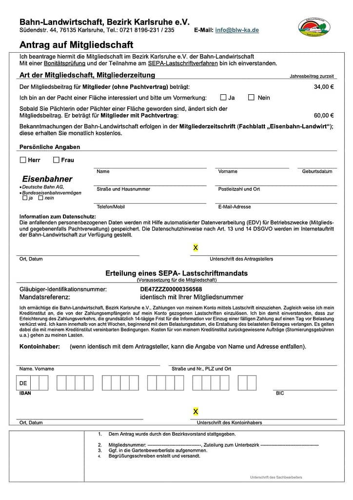 Ein deutsches Mitgliedsantragsformular für die „Bahn-Landwirtschaft, Bezirk Karlsruhe e.V.“. Es enthält Abschnitte für persönliche Informationen, Mitgliedschaftsart, SEPA-Lastschriftdetails sowie Kontrollkästchen für das Geschlecht des Mitglieds und für Autorisierungsvereinbarungen.
