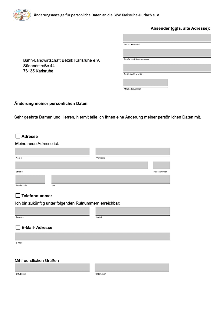 Ein deutsches Formular des Bahn-Landwirtschaft Bezirks Karlsruhe e.V. zur Anforderung von Änderungen an persönlichen Daten, einschließlich Adresse, Telefonnummer und E-Mail. Es enthält Felder für die Absenderinformationen und einen Platz für Grüße und Unterschriften.