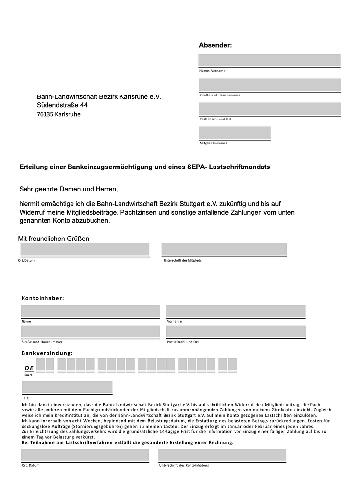Ein deutsches Formular für ein SEPA-Lastschriftmandat des Bahn-Landwirtschaft Bezirk Karlsruhe e.V. Es enthält Felder für Name, Adresse, Kontoinformationen und Bankdaten sowie Abschnitte für Autorisierung und Unterschrift.
