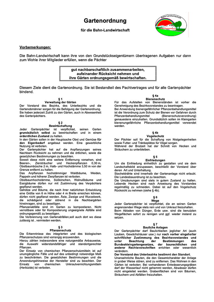 Ein Gartenordnungsdokument in deutscher Sprache mit dem Titel Gartenordnung für die Bahn-Landwirtschaft. Es enthält mehrere Abschnitte und Absätze mit detaillierten Regeln und Richtlinien. Oben ist ein Logo mit einer aufgehenden Sonne, einem Feld und einem Gleis zu sehen.