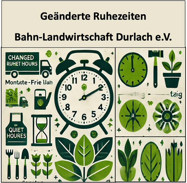 Schild mit dem Text „Geänderte Ruhezeiten – Bahn-Landwirtschaft Durlach e.V.“ und einer Illustration von grünen Pflanzen, Gartengeräten und einer Uhr, die Ruhezeiten symbolisiert.