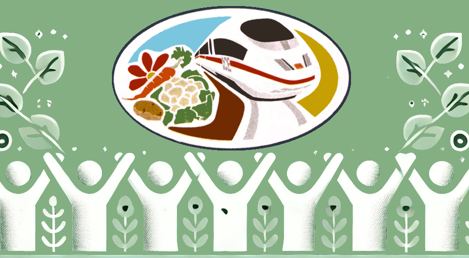 Illustration eines Hochgeschwindigkeitszuges und verschiedener Speisen auf einem Teller, umgeben von weißen Silhouetten von Menschen mit erhobenen Armen, Blättern und Pflanzen vor einem grünen Hintergrund.