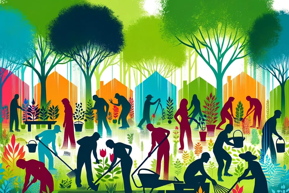 Illustration eines lebhaften Gemeinschaftsgartens mit Menschen, die Gemüse pflanzen, Blumen gießen und Beete pflegen. Im Hintergrund sind farbenfrohe Bäume und Schuppen zu sehen.