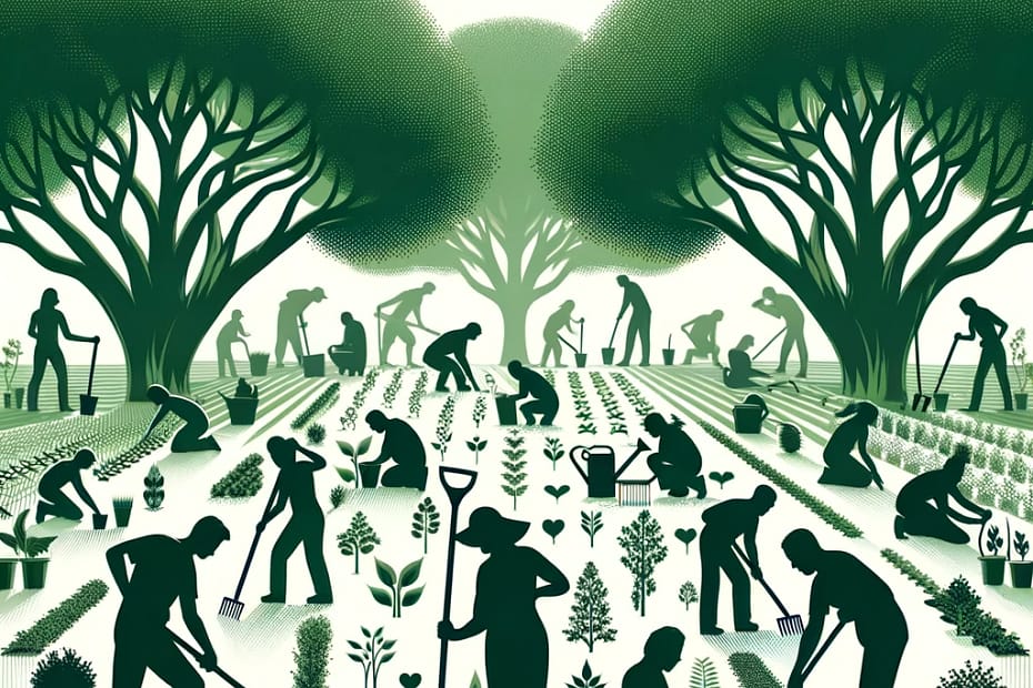 Illustration von Menschen, die in einem Garten arbeiten, umgeben von großen, stilisierten Bäumen. Die Szene ist in Grüntönen gehalten, mit Fokus auf Pflanzen und Gartenarbeit.