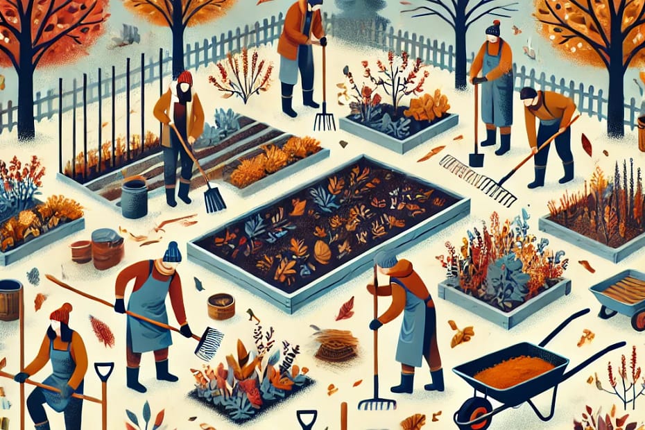 Illustration von Menschen, die im Herbst Gartenarbeit verrichten, mit bunten Bäumen, Laubrechen und Hochbeeten. Der Boden ist bedeckt mit Laub und Herbstdekorationen wie Kürbissen.