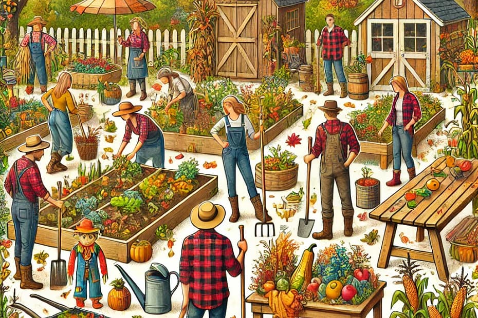 Illustration eines herbstlich dekorierten Gemeinschaftsgartens mit bunten Pflanzen, Kürbissen und Menschen, die bei der Gartenarbeit helfen. Im Hintergrund stehen Holzschuppen und herbstliche Dekorationen.